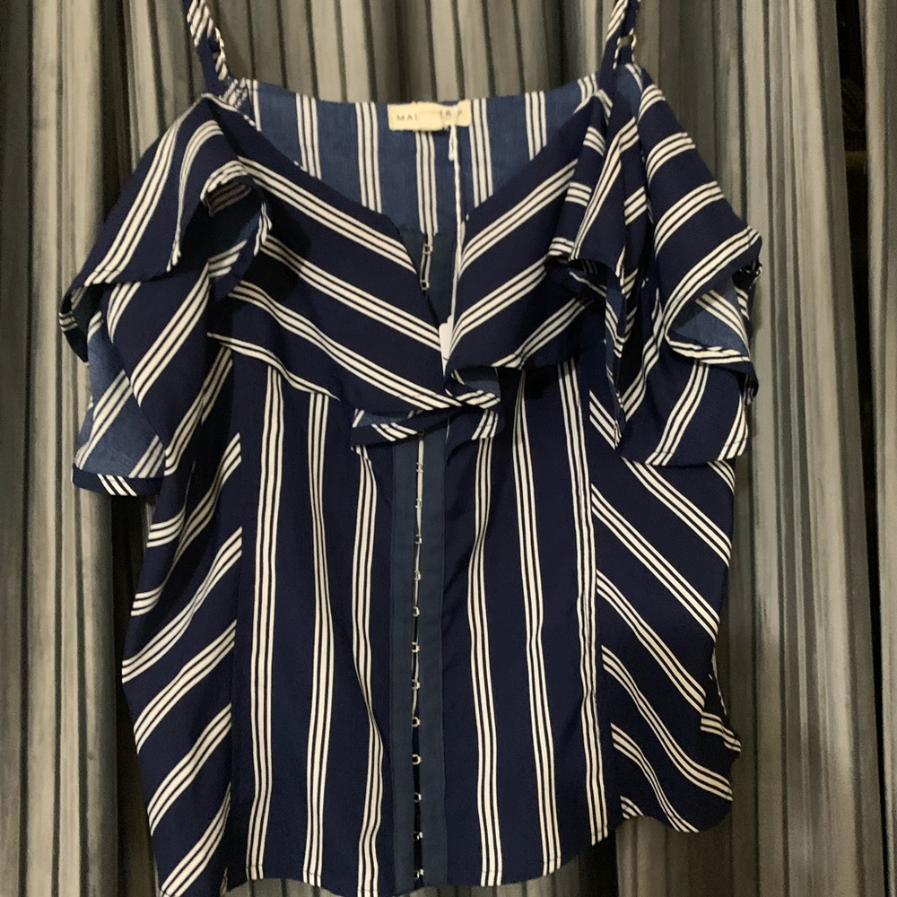 Maeve Blue and White Ruffled Sleeveless Blouse